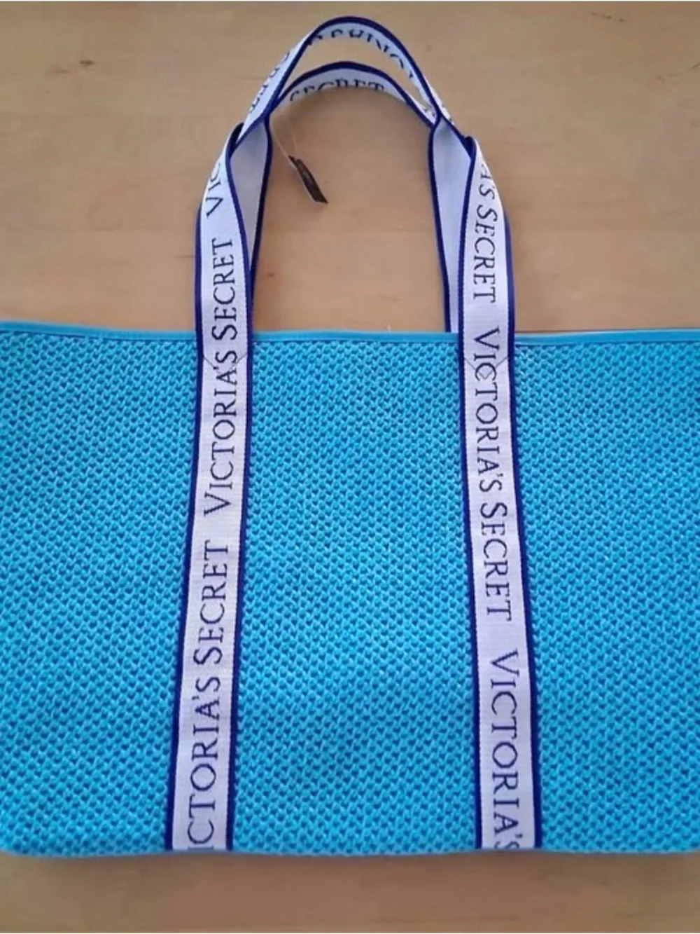 Victoria's Secret Blue Aqua Straw Tote Bag with Branded Straps